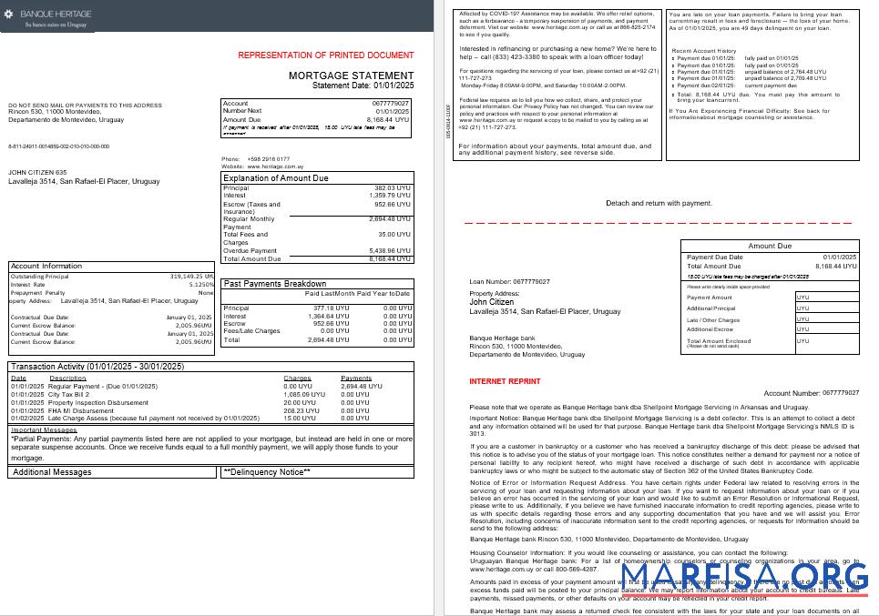Downloadable Uruguay Banque Heritage bankmortgage statement in Word and PDF formats, 3 pages 1 2 download for verification